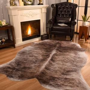 Cowhide Rug 5.2 x 6.3 Feet, Cow Hide Durable No-Slip Backing, Faux Cowhide Thickened Elastic, for Bedroom Living Room Home Office Western Decor (Brown)