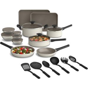 bella 21 Piece Kitchen Set with EverGood Ceramic Nonstick Coating, Dishwasher & Oven Safe, All Stovetops Compatible, Tempered Glass Lids & Cool Touch Handles, Oatmilk