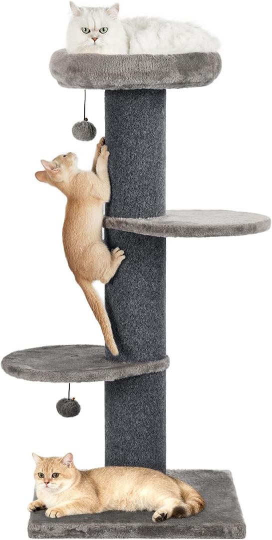 Cat Craft 43" Short Plush Cat Scratching Post with Perch & Bed, Dark Grey | Short Plush Fabric • Two Climbing Platforms • Stable Base • Space-Saving Design • Easy Assembly