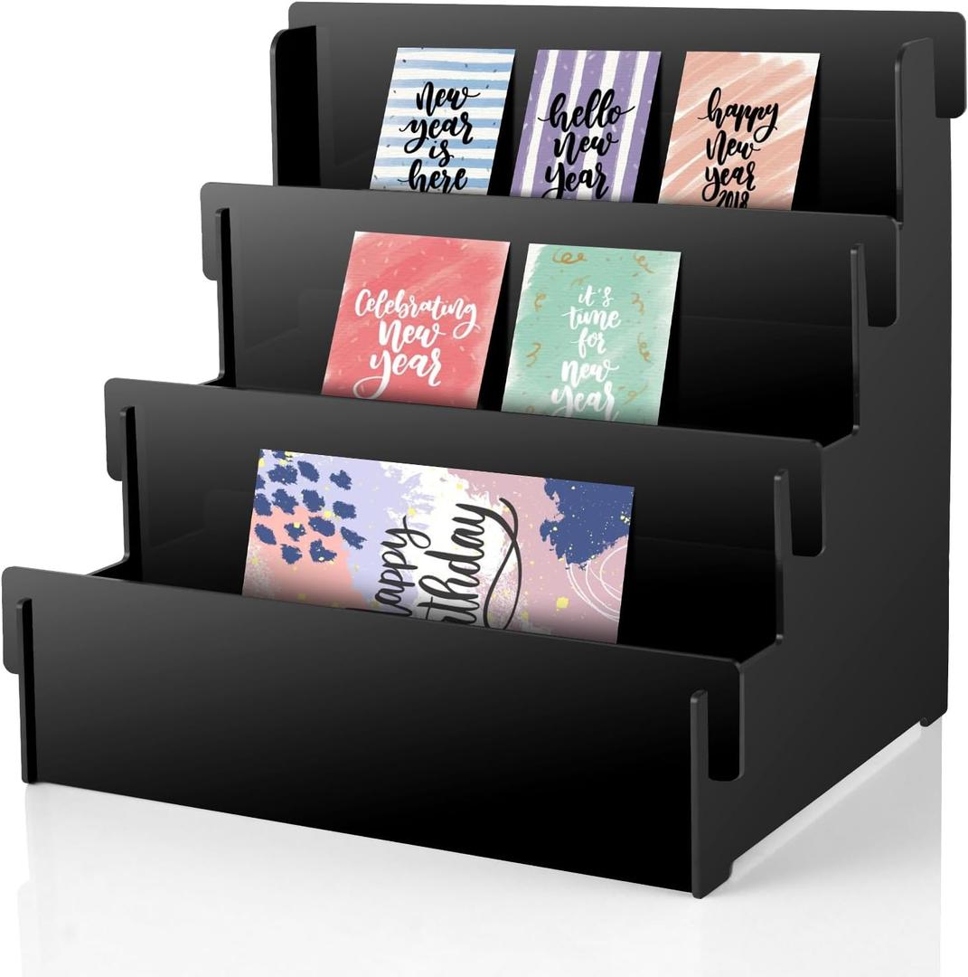 3 Tier Black Acrylic Greeting Card Display Stand Greeting Card Organizer Postcard Display Rack Sticker Display Stand Card Display Shelf Retail Display Stand for Craft Show Vendors Event Counter Table (black)