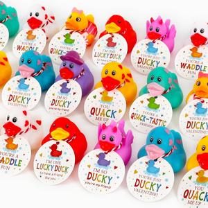 DAZONGE 24Packs Lucky Duck Valentines Cards for Kids, Multi-colored Valentine's Day Gift Tags with Rubber Ducks, Valentines Day Cards for Kids School Exchange Activity