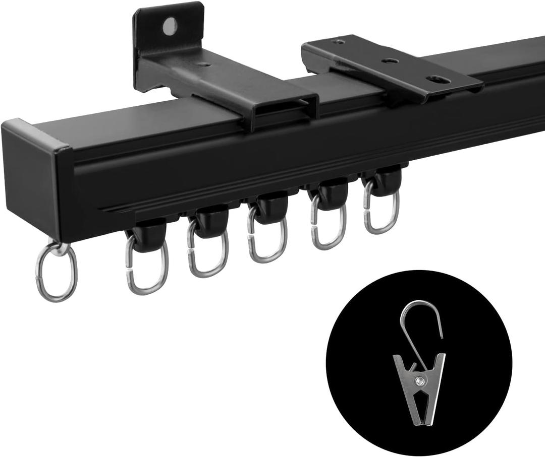 Ceiling Curtain Track Ceiling and Wall Mounted Heavy-Duty Curtains Rails Room Divider Curtains Shower RV Tracks Ceiling Sliding Curtain Rods With Clips,Black 6ft.