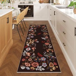 Runner Rug for Kitchen 2'6"x8' Washable Rugs with Rubber Backing Soft Floral Insect Carpet Runner for Kitchen, Laundry, Bedroom, Bathroom (Chocolate Brown)