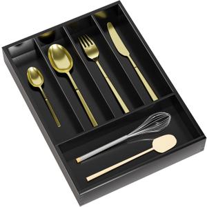 Silverware Drawer Organizer Cutlery Tray - Bamboo Black Small Kitchen Gadgets Holder&Flatware Storage 14"D * 10-1/4"W * 2"H