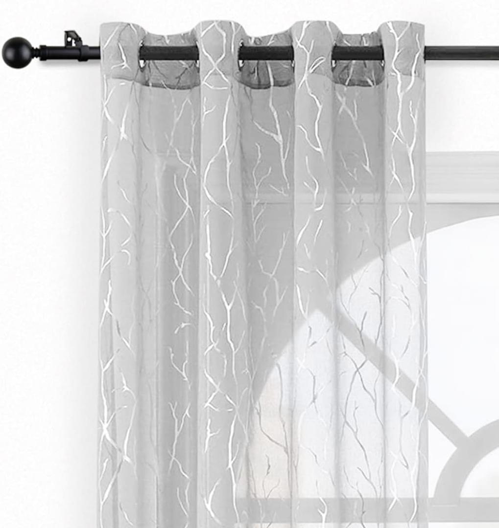 Kotile Silver Grey Sheer Curtains 2 Panels Set Grommet Top Metallic Silver Foil Branch Pattern Light Filter & Privacy Voile Drapes 95 Inch Length for Living Room, 52 x 95 Inch, 2 Panels, Gray
