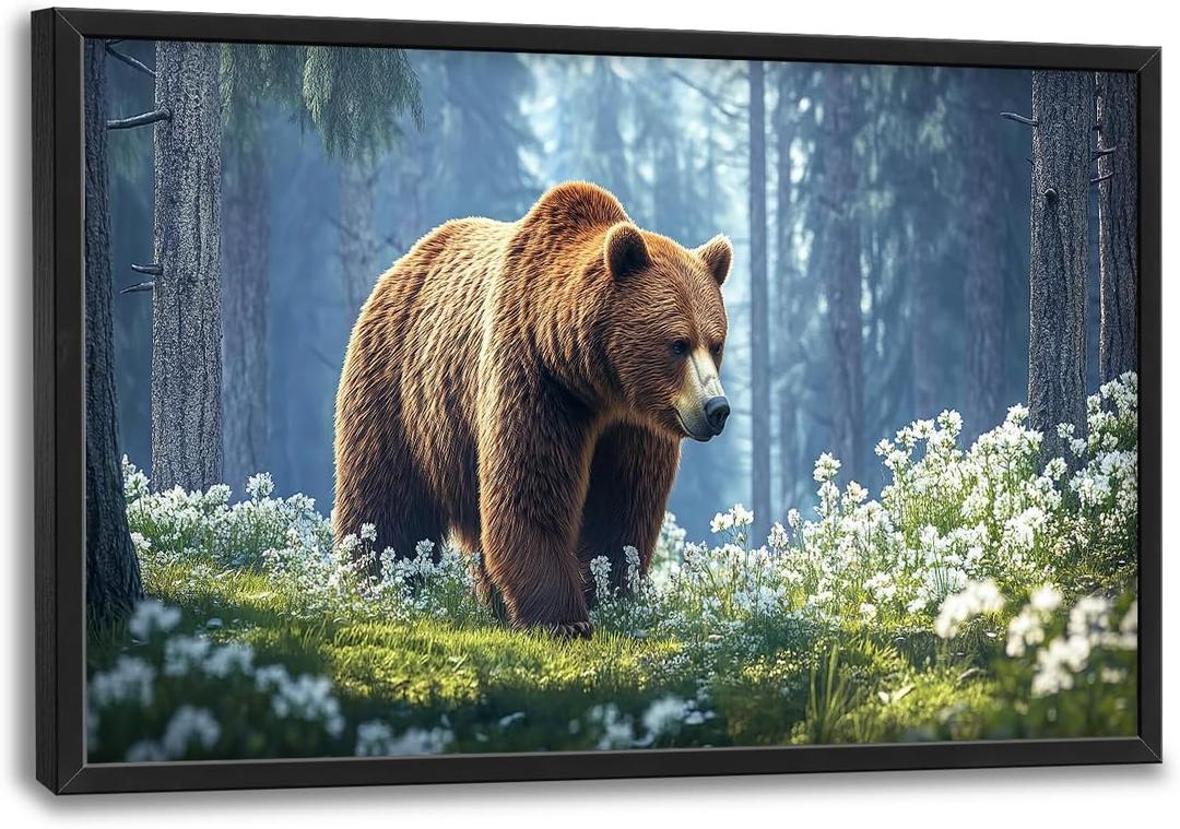 Large Bear Framed Wall Art Forest Bear Canvas Wall Decor Wild Animal Pictures Print Painting Artwork Home Decorations for Living Room Bedroom Office 36 x 24 inch