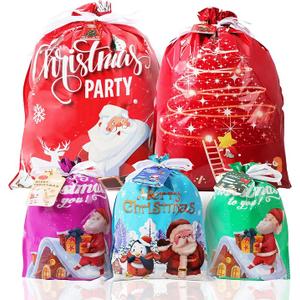 Christmas Gift Bags Drawstring 30PCS Christmas Gift Bags Assorted Sizes 5 Designs 4 Size Xmas Bag Bulk, Xmas Wrapping Bag with Tags, Plastic Gift Bag for Christmas Presents Small, Medium, Large