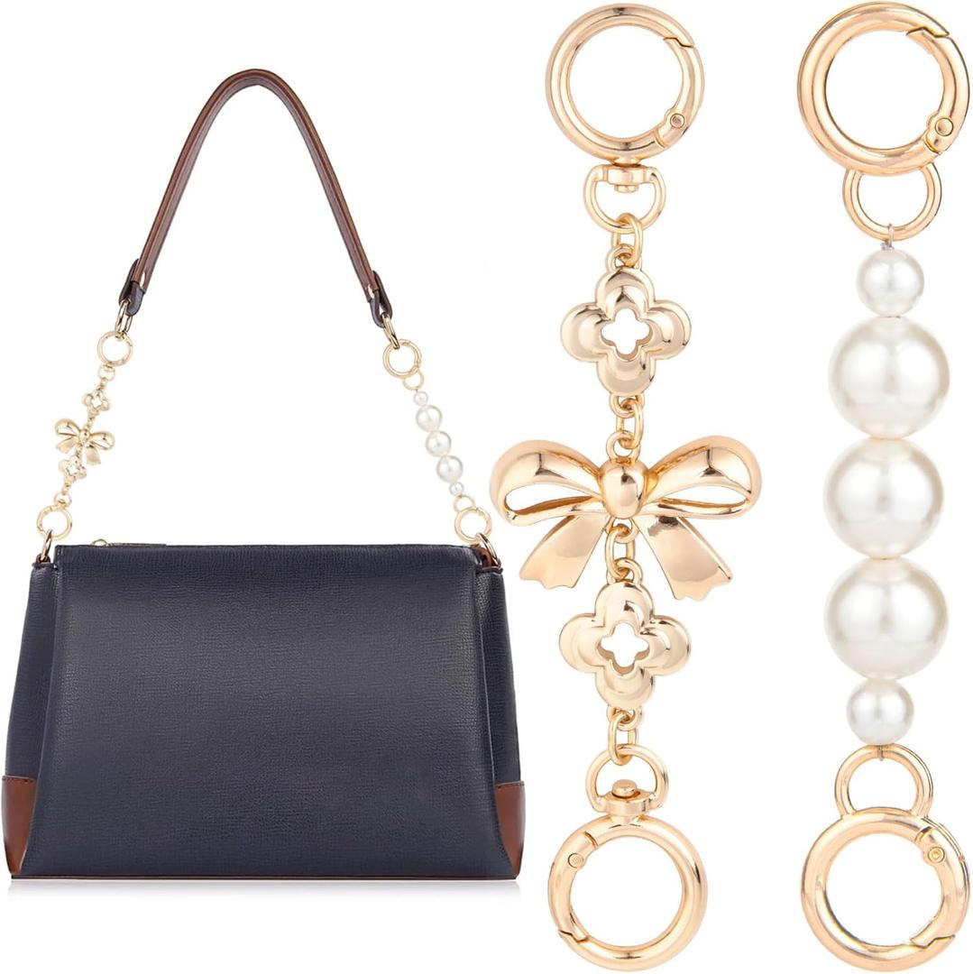 Winsyison 2pcs Bow Bag Extender Chain, Pearl Purse Strap Extender, Metal Bowknot Chain Extender Charm Purse Making Supplies for Wallet Messenger Shoulder Bags- Gold