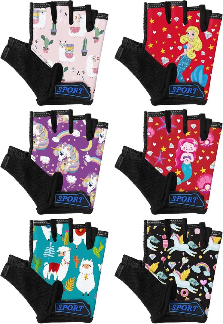 6 Pairs Christmas Kids Bike Gloves Gift Cute Fingerless Gymnastics Workout Golf Gloves for Girls Boys (5-8 Years)