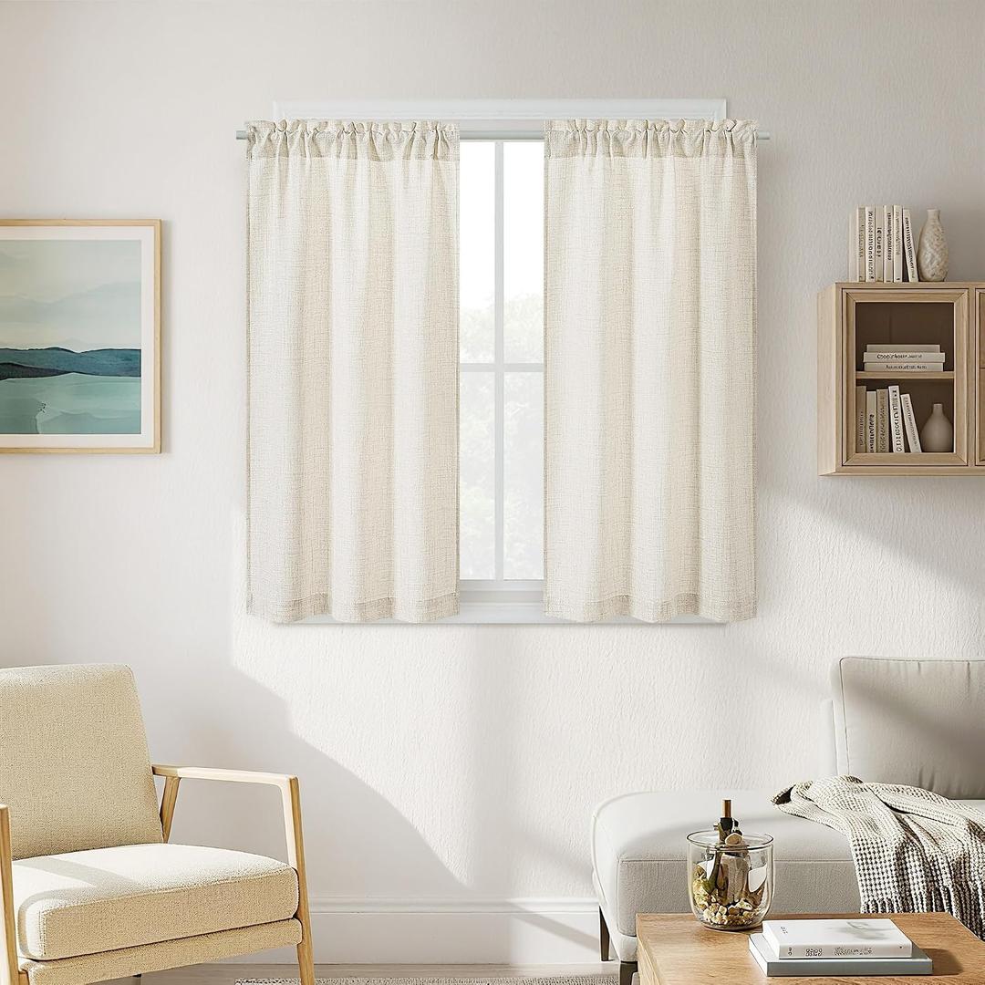 48 Inch Boho Linen Curtains for Cafe Kitchen Bedroom Bathroom Rod Pocket Semi Sheer Light Filtering Privacy Window Treatments Neutral Drapes for Small Window 2 Panels W34xL48