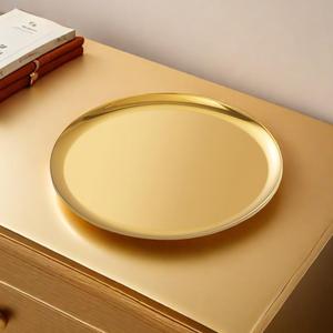 Large Round Stainless Steel Tray,Round Gold Trays,Service Tray,Decorative Tray,Jewelry and Cosmetic Storage Tray.Diameter 11.02 inches / 28cm.Gold, 1 Piece