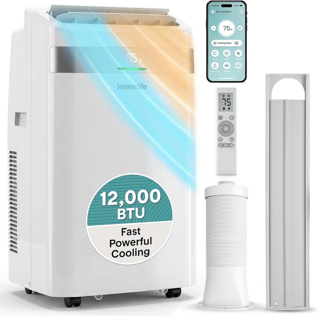 SereneLife Portable AC Unit and Heater, Adjustable Temperature with 12,000 BTU Cooling & Heating, Smart Wi-Fi Control, Dehumidifier & Fan Modes, Portable AC Units for Rooms with Window Mount Kit White