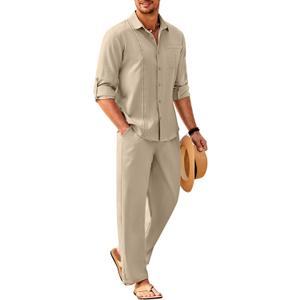 COOFANDY Mens Linen Sets 2 Piece Long Sleeve Button Down Cuban Shirt and Pants Set Summer Beach Set Outfits (Large, Khaki)