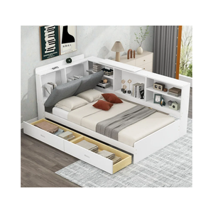 Twin Size Platform Bed with L-Shaped Storage Bookcase and Headboard, Wooden Daybed Frame with 2 Drawers and Rotatable Storage Board, Twin Sofa Bed Frame for Boys Girls Teens Bedroom, White