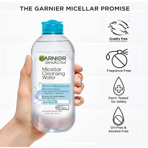 Garnier Micellar Water for Waterproof Makeup, Hydrating Facial Cleanser & Makeup Remover, Suitable for Sensitive Skin, Vegan, Cruelty Free, 13.5 Fl Oz (400mL)