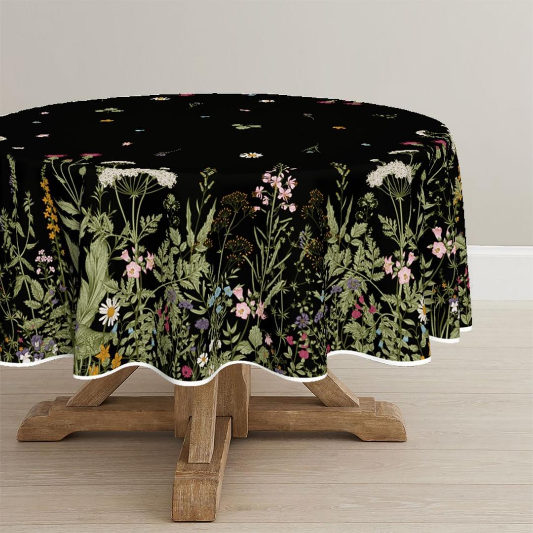 Horaldaily Spring Tablecloth 7070 Inch Round, Black Wild Flower Daisy Washable Seasonal Table Cover for Party Picnic Dinner Decor