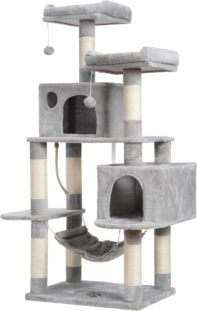 Hey-brother Large Multi-Level Cat Tree Condo Furniture with Sisal-Covered Scratching Posts, 2 Bigger Plush Condos, Perch Hammock for Kittens, Cats and Pets Light Gray MPJ020W (61 Inches)