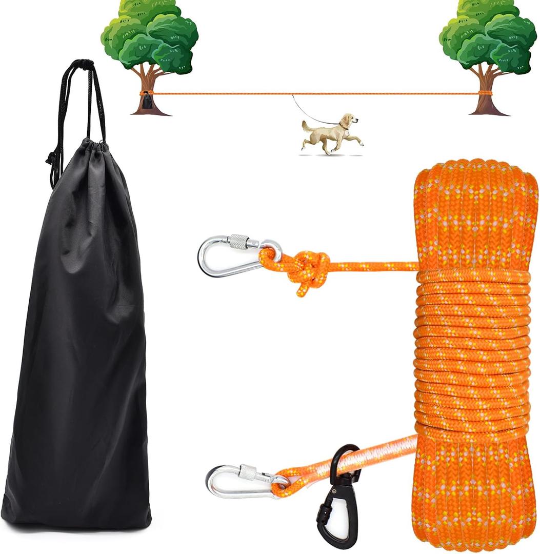 Dog Tie Out Cable for Camping, 50ft Reflective Overhead Trolley System for Dogs up to 300lbs, Portable Dog Hitching Lead, Dogs Runner for Yard Camping Training Running Hiking Outdoor (Orange)