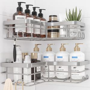 Sakugi Corner Shower Caddy - 2 Pack, Adhesive Shower Organizers, Rustproof Stainless Steel Shower Shelves with 8 Hooks, No Drilling Bathroom Organizers and Storage Racks, Space-Saving, Silver, X-Large