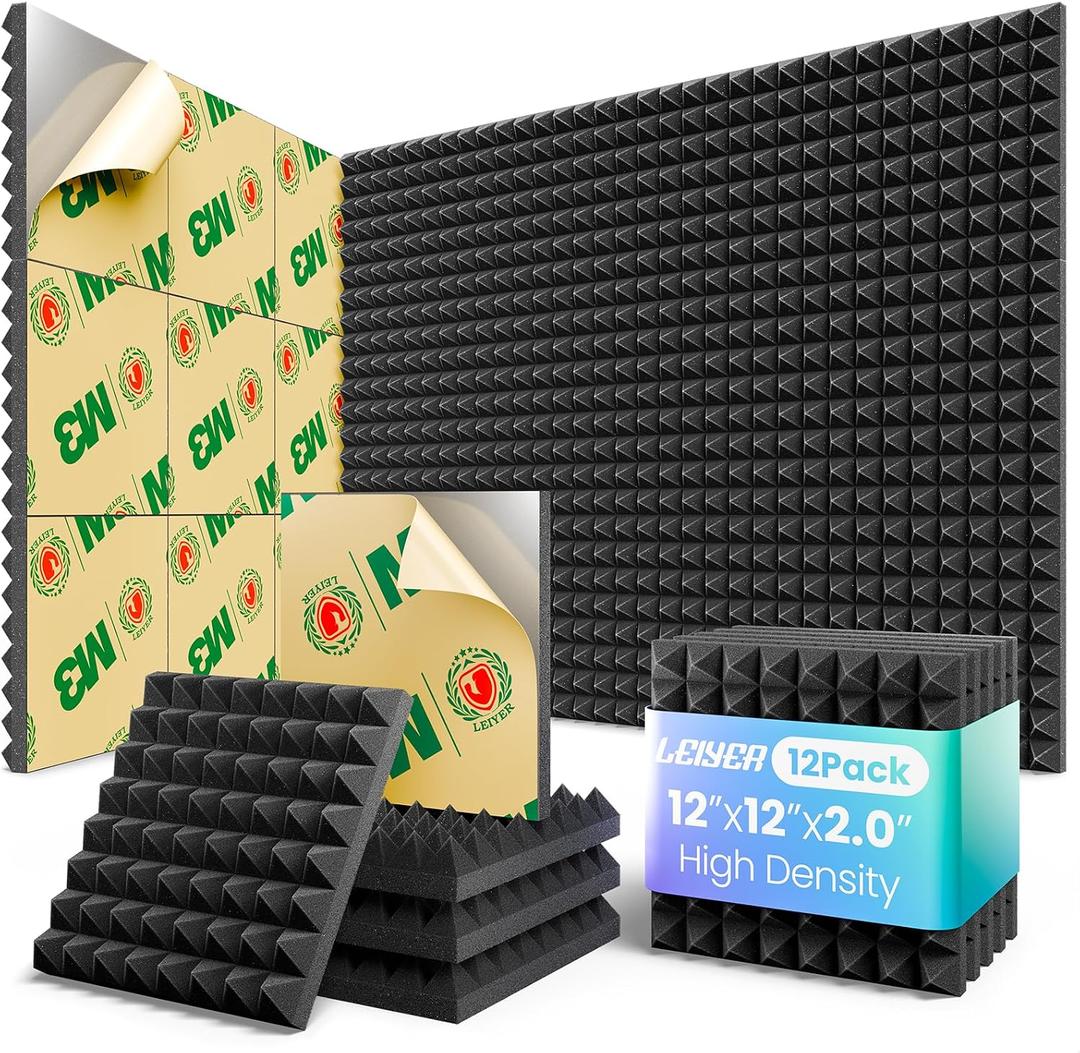 Acoustic Panels 12 pack Pyramid Self-Adhesive Upgrade,2"X12"X12" Sound Proof Foam Panels for Walls Quickly-Expand,Acoustic Wall Panels High Density Sound Absorbing for Gaming&Studio Decor,Black