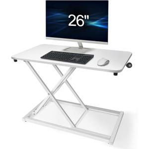 Compact 26 x 14 White Lift Standing Desk Converter, Manual Adjustable Height Sit Stand up Desk Riser, for Monitor or Laptop Workstation