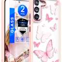 Dretal for Samsung Galaxy S21 Plus 5G Case Floral, Galaxy S21+ Case, Military Grade Drop Tested Hard Back & Soft Edge Slim Flower Women Girls Protective Cover +Tempered Glass Screen Protector (Pink)