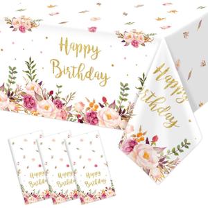 3 Pcs Pink Floral Happy Birthday Waterproof Rectangular Table Cloths Rose Gold Party Decor petal themed Disposable Plastic Tablecover Table Cover for Birthday Party Favors for Girls Women 54X 108