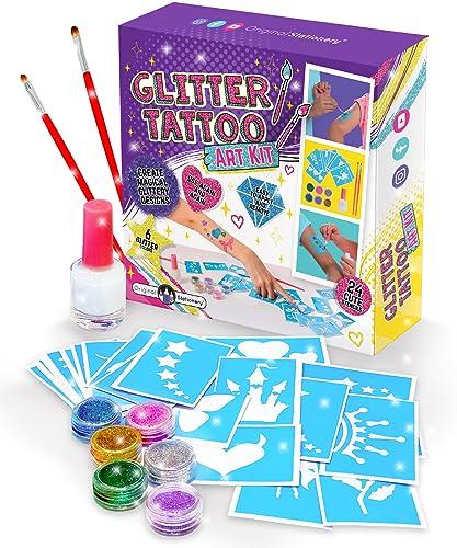 Original Stationery 33-Piece Glitter Tattoos Set, Face and Skin-Friendly with 24 Stencil Designs, 6 Colorful Cosmetic Glitters, 2 Brushes and Body Adhesive, Easter Sleepover Party Supplies for Girls