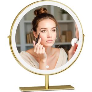 12.2-inch Round Dressing Mirror, Household and Student Dormitory Makeup Mirror, Three-Color LED Light, Smart Touch 360 Rotation, dimmable (Golden)