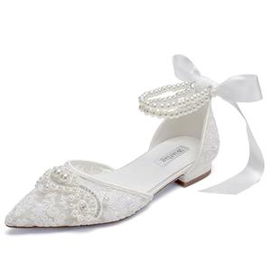 Winflag Pearl Wedding Shoes for Bride Flat Lace Bride Shoes Pointed Toe Bridal Flats-White Size 40