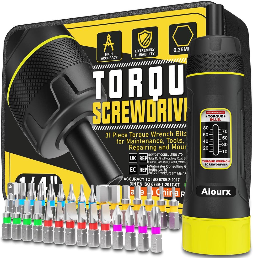 Torque Screwdriver Set, 10-80 Inch Pounds lbs, 31 Piece 1/4" Drive Torque Screwdriver Wrench with S2 Steel Bits for Bicycle Mechanics, Mechanical Equipment, and Mounting