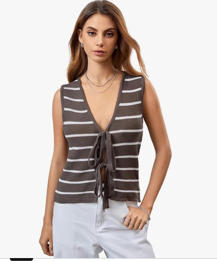 RoseSeek Women's Bow Tie Front Striped Sweater Vest V Neck Sleeveless Knit Vests,L