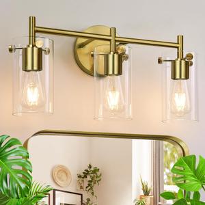 Bathroom Light Fixtures 2023 Upgrade, 3-Light Brushed Gold Vanity Light, Gold Bathroom Lights Over Mirror with Clear Glass Shade, Wall Sconces for Mirror Bedroom Living Room Hallway