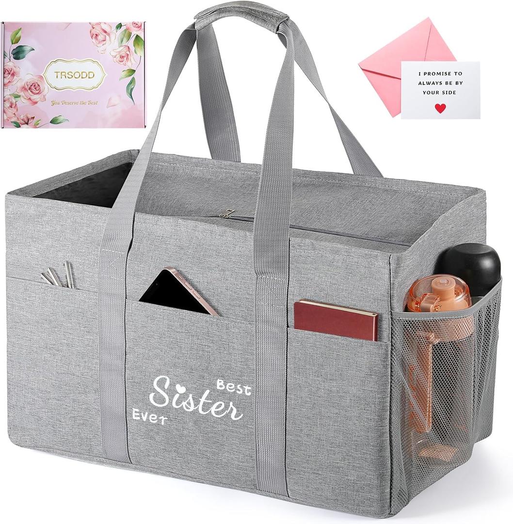 TRSODD Mothers Day Gifts for Sister Friends Birthday Gifts for Her Reusable Grocery Bags Foldable 10 Gallon Extra Large Utility Tote Bag (Best Sister Ever)