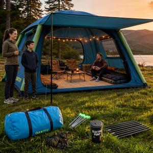 Oaktiv Inflatable Tents for Camping - CloudCamp 4-6 Person Blow Up Tent, Self Inflating Glamping Tent with Pump, 210D Oxford Waterproof, UV50+ Protection, 4-Season Air Tent for Adults, No Tarps Tent