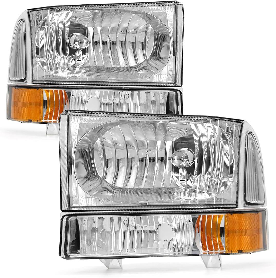for 1999 2000 2001 2002 2003 2004 F250 F350 F450 F550 Headlight Assembly Compatible with 99-04 Ford Super Duty Chrome Housing Amber Reflector Headlamp Replacement Left and Right