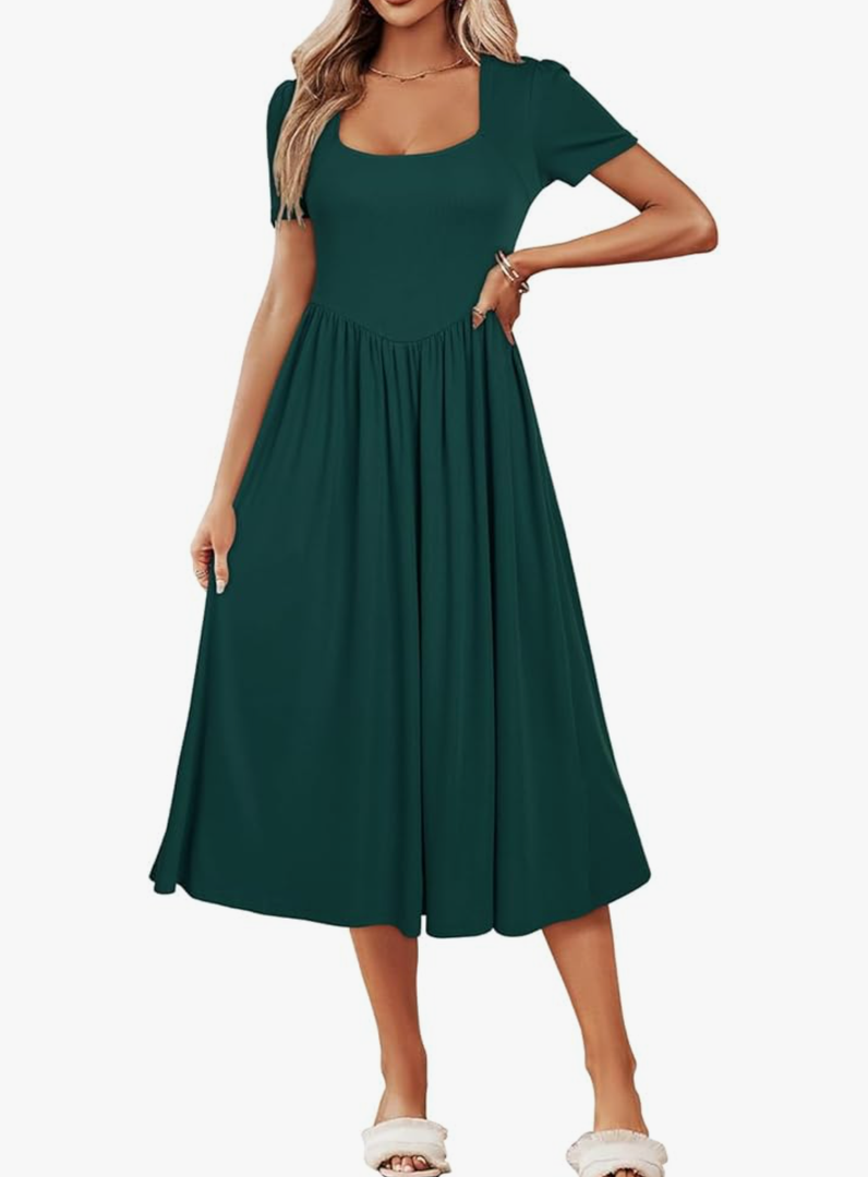 Newshows Women's Summer Square Neck Ribbed Knit Short/Long Sleeve A Line Flowy Midi Dress with Pockets, S