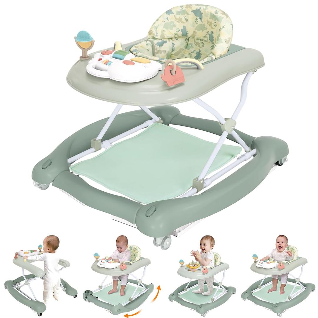 Foldable Baby 5-in-1 Activity Walker - Rocker, Activity Center, Bouncer, Seat Walker, Push Walker - Adjustable Speed Rear Wheels and Height Toys Ages 6-18 Months (Light Green)