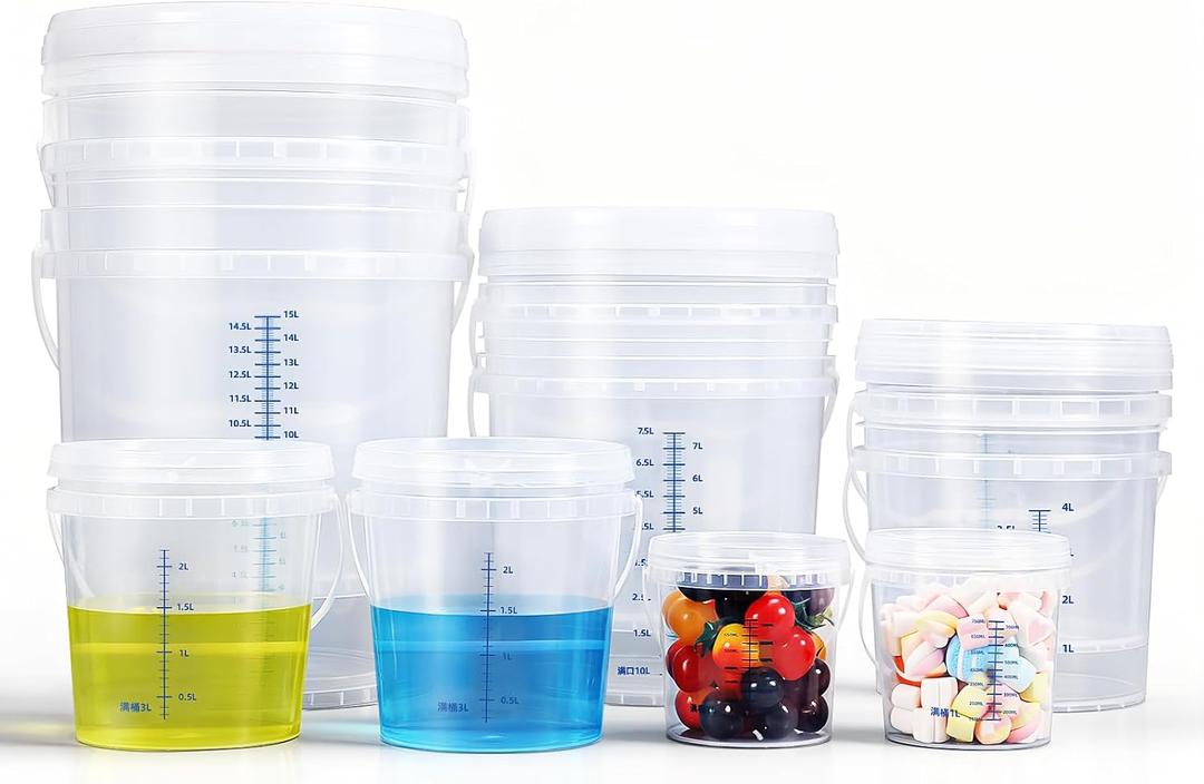 Plastic 5 Gallon Buckets with Scales, Food Grade Plastic Pail, Heavy-Duty, BPA-Free Container with Lids & Handles, Easy Stacking for Home/Commercial Use (2 sets each of : 5Gal 1 Qt, 3 Qt, 5 Qt, 10 Qt)