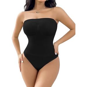 SheBuddy Women's Strapless Shapewear Thong Bodysuit Tummy Control Seamless Sculpted Body Shaper with Removable Straps, Small