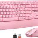 MEETION Wireless Keyboard and Mouse, Full-Sized Cordless Keyboard with Wrist Rest and 3 DPI Adjustable Mouse, 2.4G Wireless, Compatible with PC/Computer/Laptop/Windows/Mac, Pink