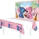 Cartoon Birthday Party Supplies Set  70x42 Inch Pink Cartoon Tablecloth with 5ftx3ft Photo Background Pink Backdrop for Birthday Tablecover and Banner for Party
