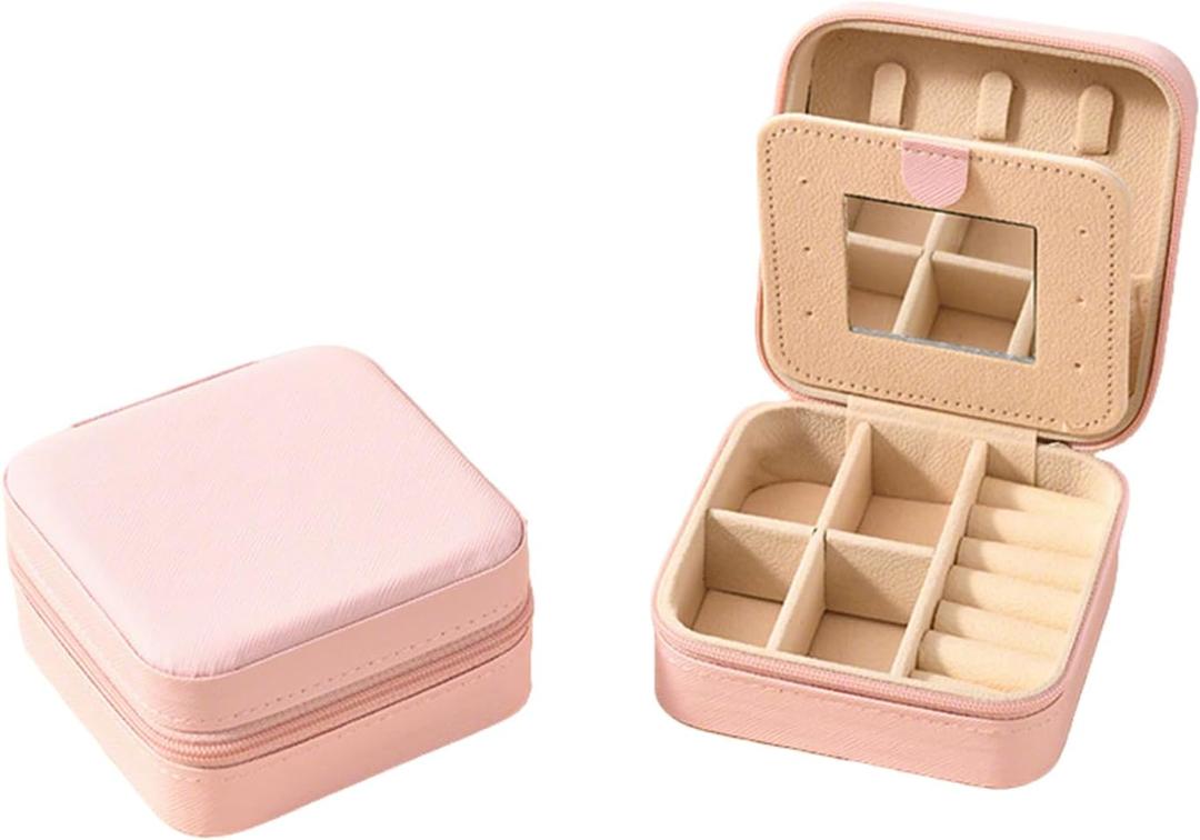 Small Travel Jewelry Case with Mirror, Portable Jewelry Organizer for Rings Earrings Necklaces, Compact Travel Jewelry Box for Women, Elegant Jewelry Holder for Traveling, Ideal Gift Cherry Pink