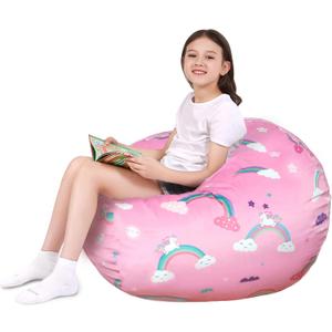 Lukeight Unicorns Stuffed Animals Storage Bean Bag Chair Cover Only (Ships Empty, No Filling) - Velvet YKK Zipper Beanbag Cover for Toddlers and Kids, Washable Plush Toy Organizer, Large 27" D x 16" H (Rainbow Pink)