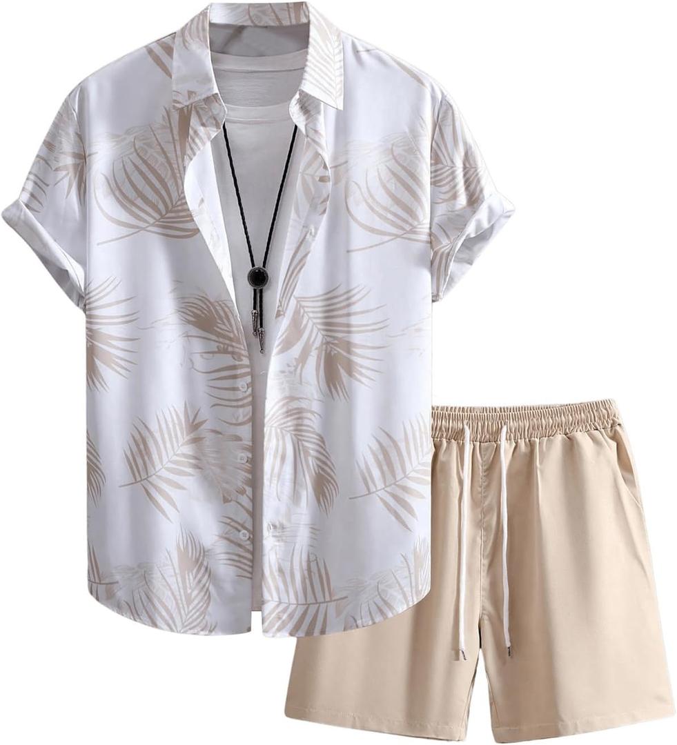 GORGLITTER Men's 2 Piece Vacation Beach Outfits Floral Button Down Shirt and Shorts Cruise Attire Sets (XXL)