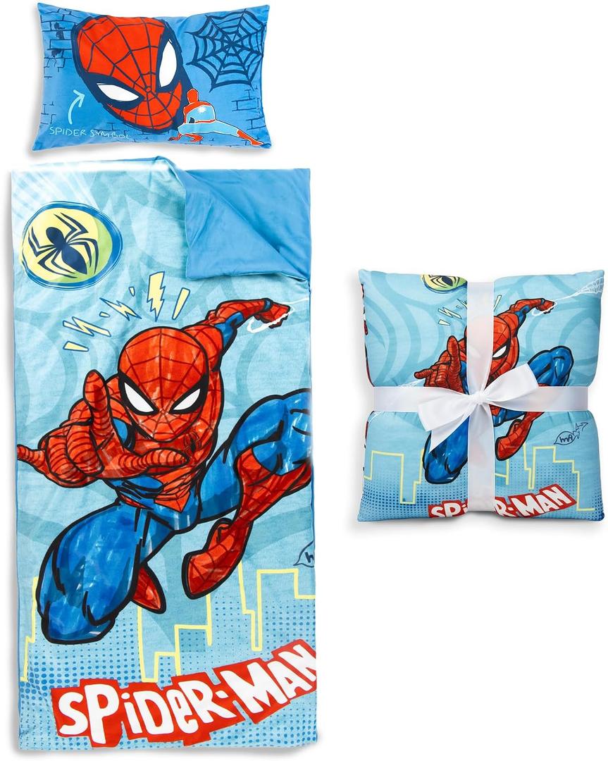 Jay Franco Kids Slumber Bag and Pillow - 54 x 27 Inch Comfy Indoor Sleeping Bag for School and Sleepovers, 2 Piece Set, Blue - Spiderman