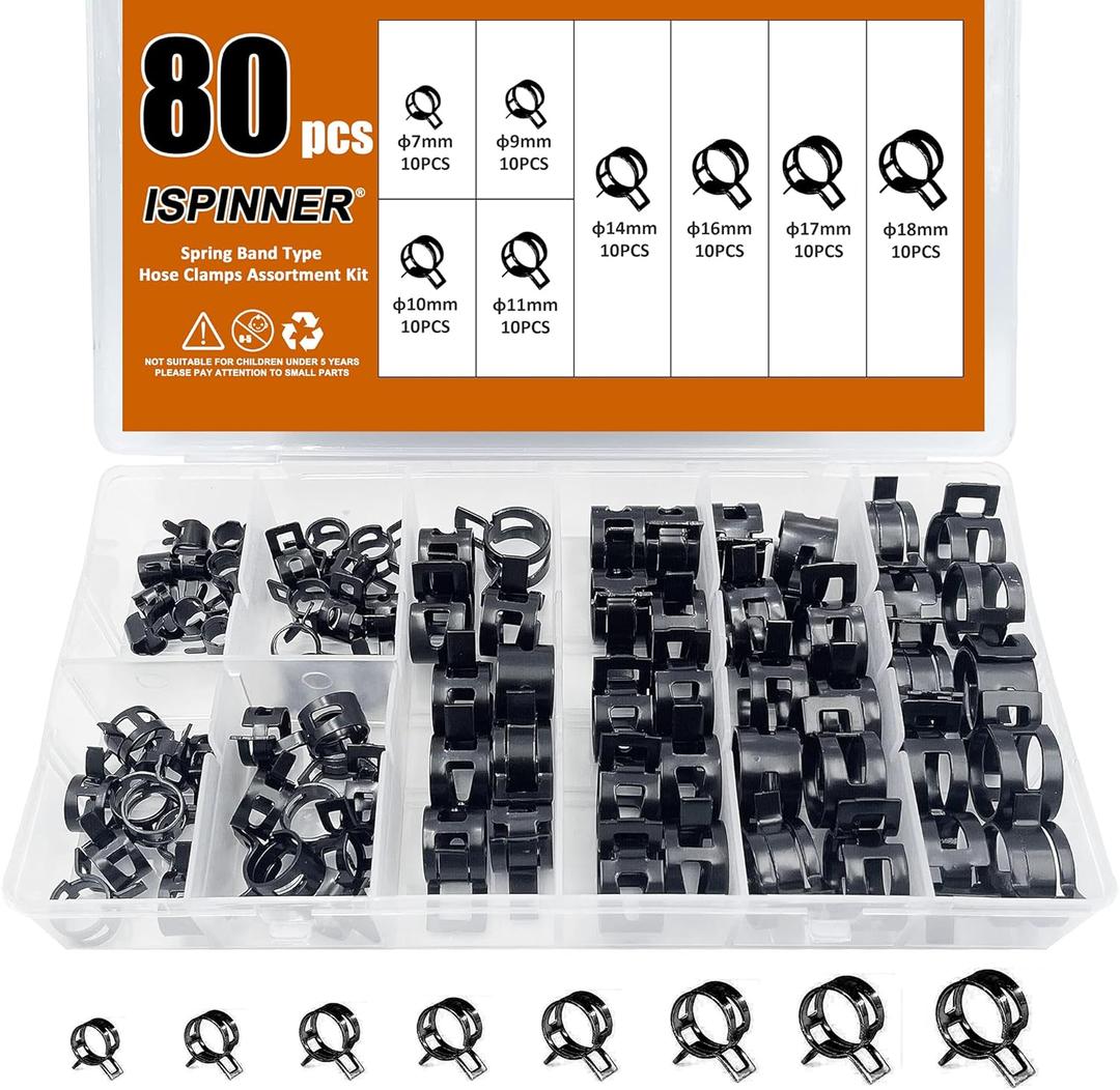 ISPINNER 60pcs Spring Band Type Fuel/Silicone Vacuum Hose Pipe Clamp, 7mm-18mm Low Pressure Air Clip Clamp 7mm 9mm 10mm 11mm 14mm 16mm 17mm 18mm (Black)