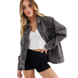 Cantonwalker Women's Oversize Vintage Washed Boyfriend Denim Jacket Long Sleeve Classic Loose Jean Trucker Jacket, Grey, Small