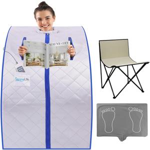 SereneLife Portable Sauna Box for Home, Infrared Sauna Tent with Heated Foot Pad and Folding Chair, Remote Control In-Home Spa, 38" x 32 - (Silver)