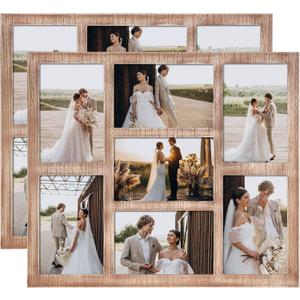 YESKAY 4x6 Picture Frame Collage for Wall Decor with Real Glass,Multiple Wooden Photo Collage Frames,7-Opening for 4 x 6 Picture Frames,Rustic Brown,2 Pack